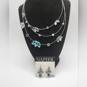 NAPIER 3 strand beautiful rhinestone in green & blues. Parure matching earrings